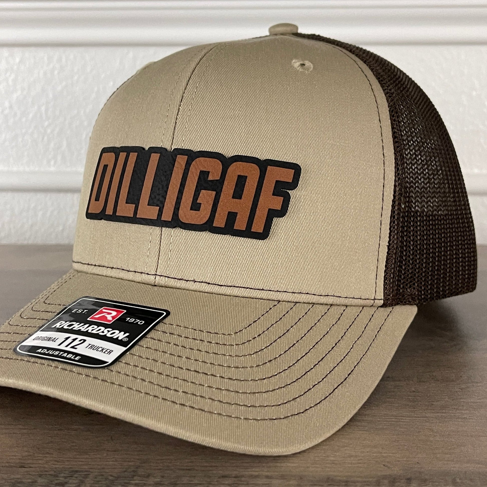 DILLIGAF Do I Look Like I Give A F Leather Patch Hat Khaki/Brown - Hollow Point Society - Patch Hat