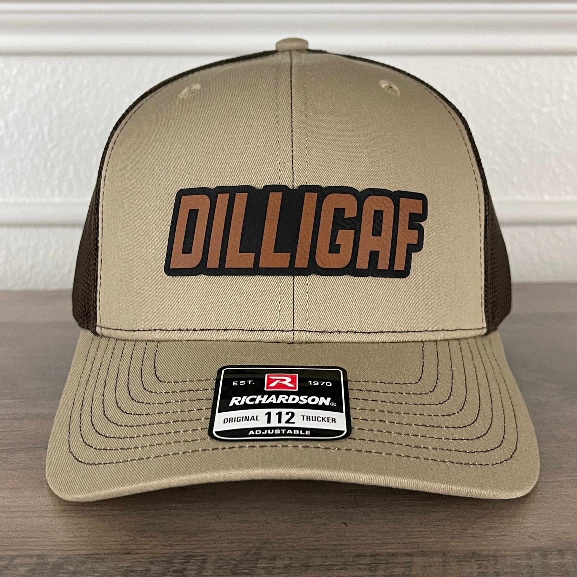 DILLIGAF Do I Look Like I Give A F Leather Patch Hat Khaki/Brown - Hollow Point Society - Patch Hat