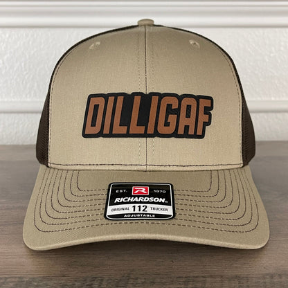 DILLIGAF Do I Look Like I Give A F Leather Patch Hat Khaki/Brown - Hollow Point Society - Patch Hat