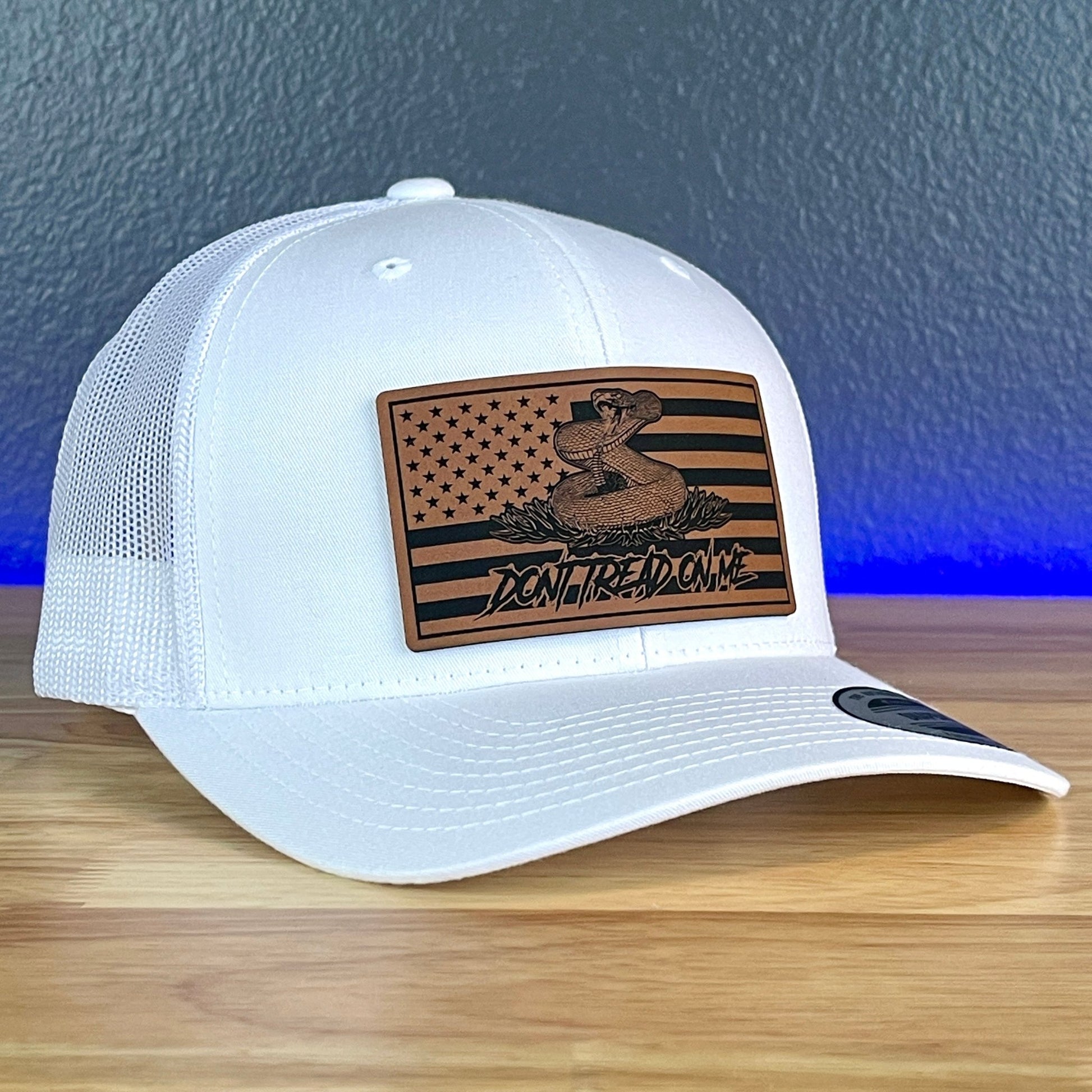 Don't Tread On Me Gadsden American Flag 2nd Amendment Leather Patch Richardson Original 112 - or - Yupoong Classics 6606 SnapBack Trucker Hat White - Hollow Point Society - Patch Hat