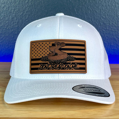 Don't Tread On Me Gadsden American Flag 2nd Amendment Leather Patch Richardson Original 112 - or - Yupoong Classics 6606 SnapBack Trucker Hat White - Hollow Point Society - Patch Hat