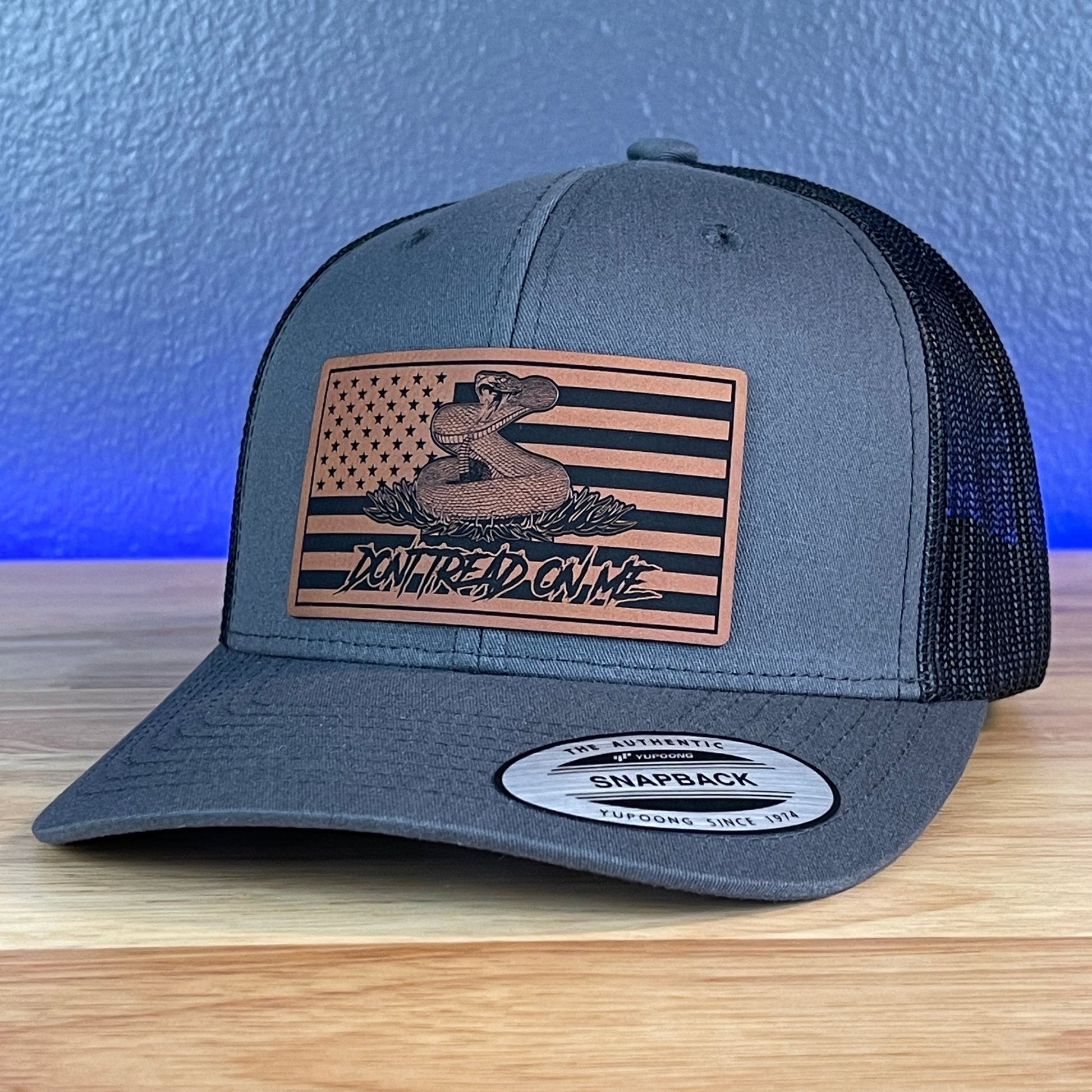 Don't Tread On Me Gadsden American Flag Patriotic 2nd Amendment SnapBack Trucker Rawhide Leather Patch Hat Charcoal - Hollow Point Society - Patch Hat