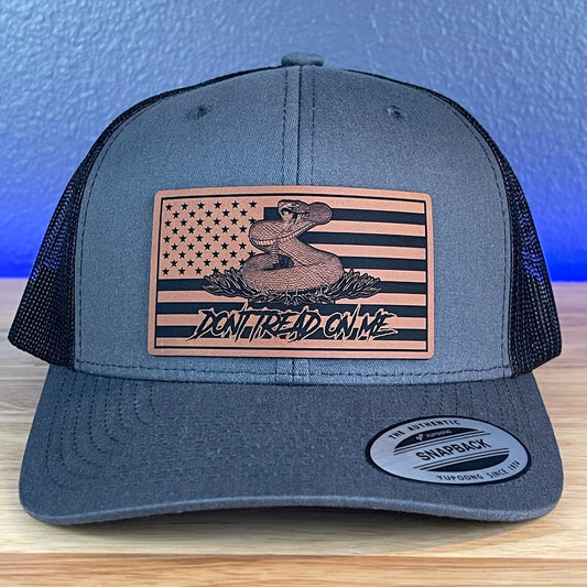 Don't Tread On Me Gadsden American Flag Patriotic 2nd Amendment SnapBack Trucker Rawhide Leather Patch Hat Charcoal - Hollow Point Society - Patch Hat