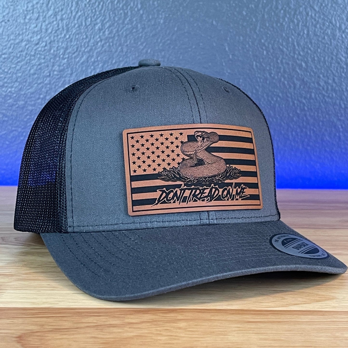 Don't Tread On Me Gadsden American Flag Patriotic 2nd Amendment SnapBack Trucker Rawhide Leather Patch Hat Charcoal - Hollow Point Society - Patch Hat