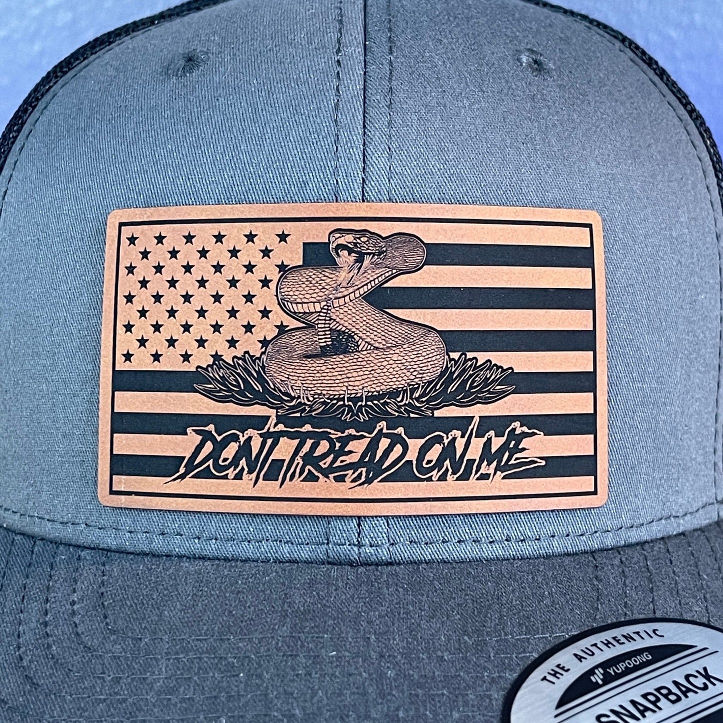 Don't Tread On Me Gadsden American Flag Patriotic 2nd Amendment SnapBack Trucker Rawhide Leather Patch Hat Charcoal - Hollow Point Society - Patch Hat