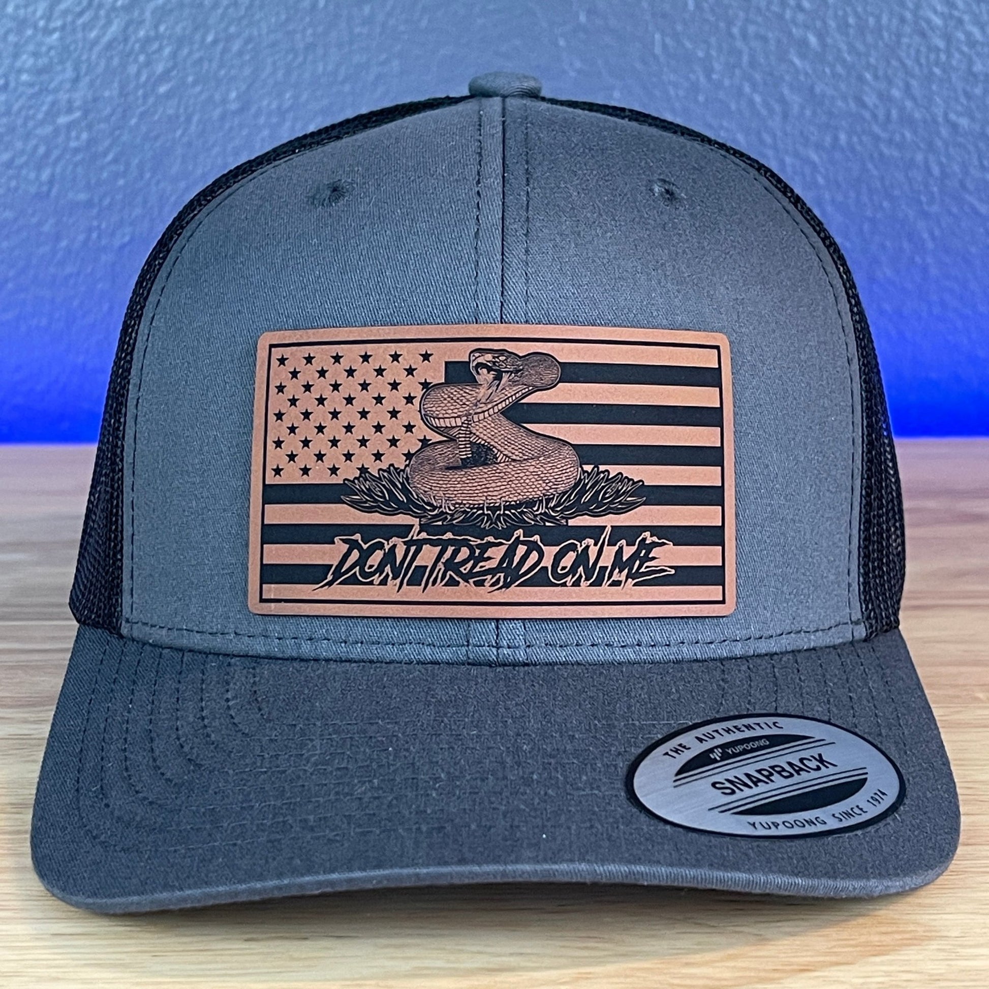 Don't Tread On Me Gadsden American Flag Patriotic 2nd Amendment SnapBack Trucker Rawhide Leather Patch Hat Charcoal - Hollow Point Society - Patch Hat