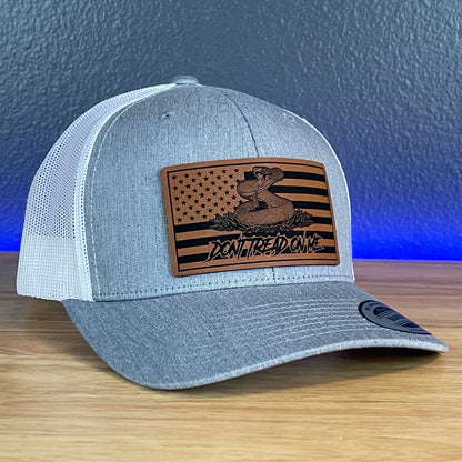 Don't Tread On Me Gadsden American Flag Patriotic Leather Patch Richardson Original 112 - or - Yupoong Classics 6606 SnapBack Trucker Hat Heather Grey/White - Hollow Point Society - Patch Hat