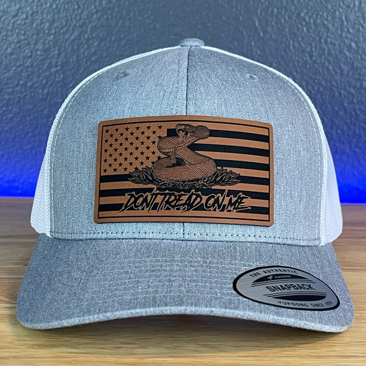 Don't Tread On Me Gadsden American Flag Patriotic Leather Patch Richardson Original 112 - or - Yupoong Classics 6606 SnapBack Trucker Hat Heather Grey/White - Hollow Point Society - Patch Hat