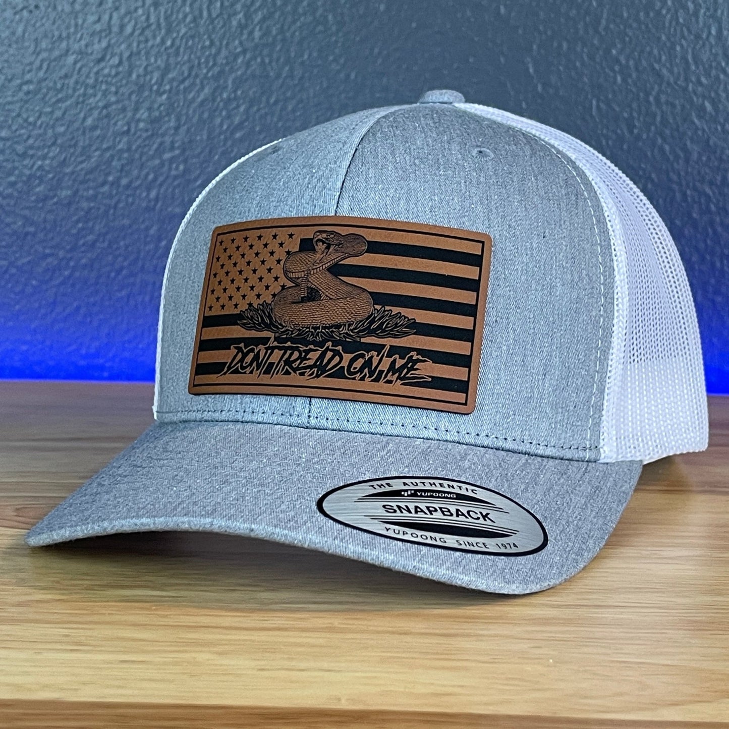 Don't Tread On Me Gadsden American Flag Patriotic Leather Patch Richardson Original 112 - or - Yupoong Classics 6606 SnapBack Trucker Hat Heather Grey/White - Hollow Point Society - Patch Hat