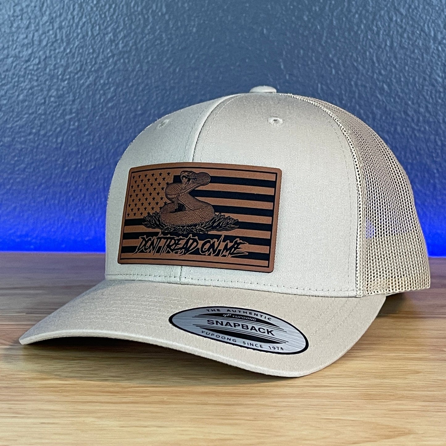 Don't Tread On Me Gadsden American Flag Patriotic SnapBack Trucker Leather Patch Hat Khaki - Hollow Point Society - Patch Hat