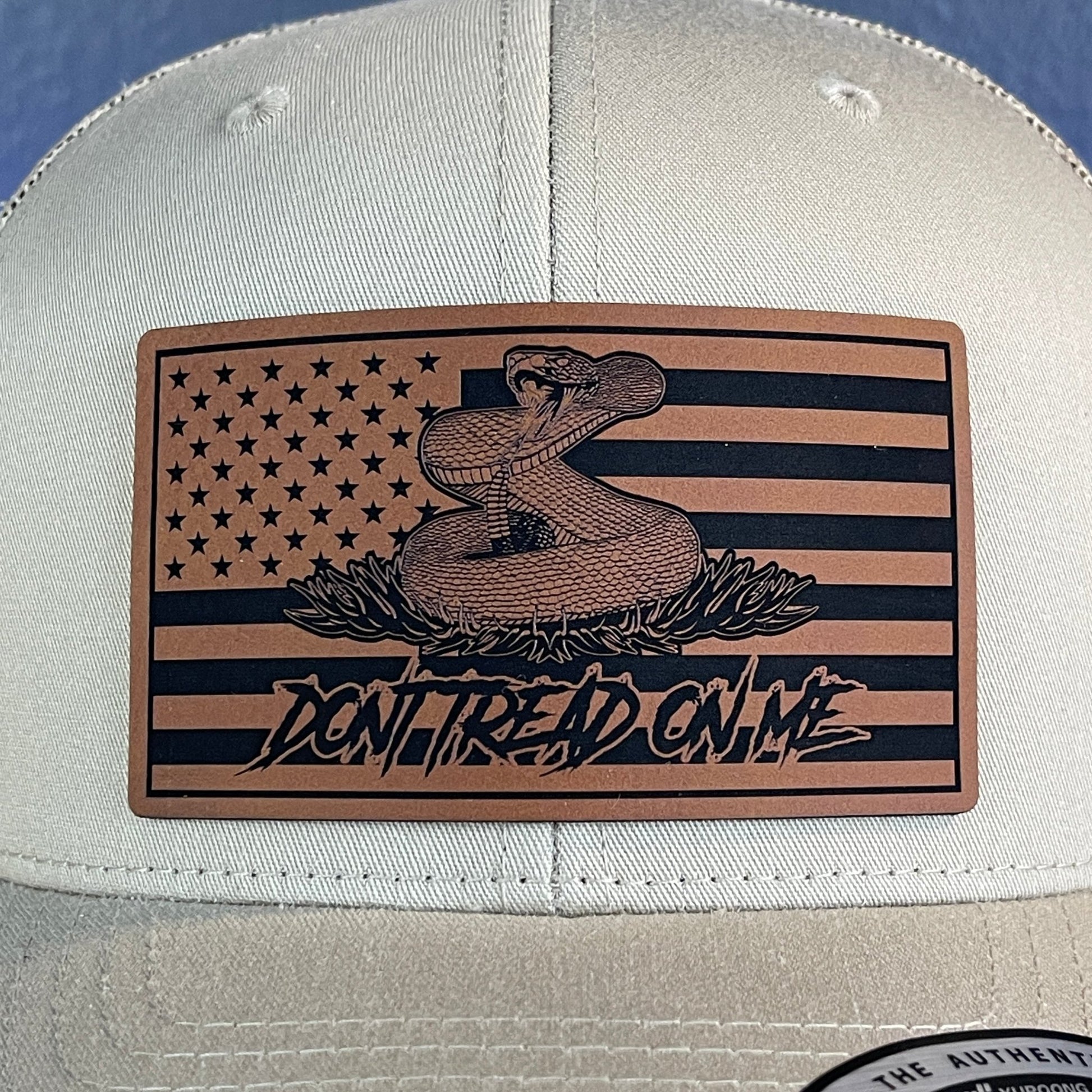 Don't Tread On Me Gadsden American Flag Patriotic SnapBack Trucker Leather Patch Hat Khaki - Hollow Point Society - Patch Hat