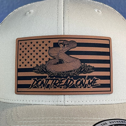 Don't Tread On Me Gadsden American Flag Patriotic SnapBack Trucker Leather Patch Hat Khaki - Hollow Point Society - Patch Hat