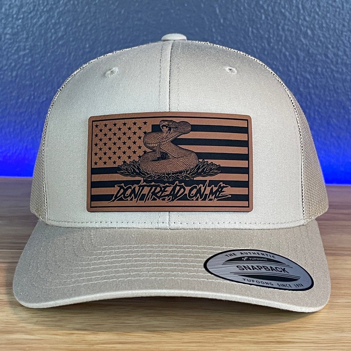 Don't Tread On Me Gadsden American Flag Patriotic SnapBack Trucker Leather Patch Hat Khaki - Hollow Point Society - Patch Hat