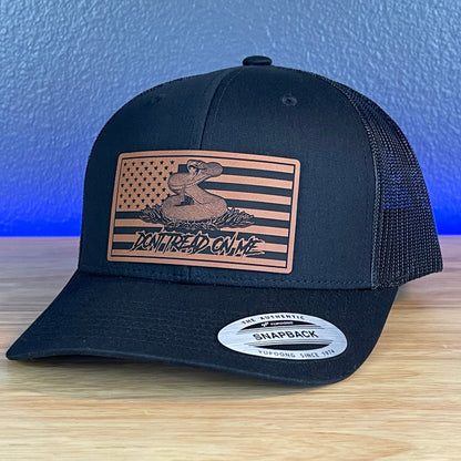 Don't Tread On Me Gadsden American Flag Patriotic SnapBack Trucker Rawhide Leather Patch Black Hat - Hollow Point Society - Patch Hat