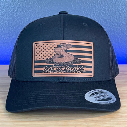 Don't Tread On Me Gadsden American Flag Patriotic SnapBack Trucker Rawhide Leather Patch Black Hat - Hollow Point Society - Patch Hat