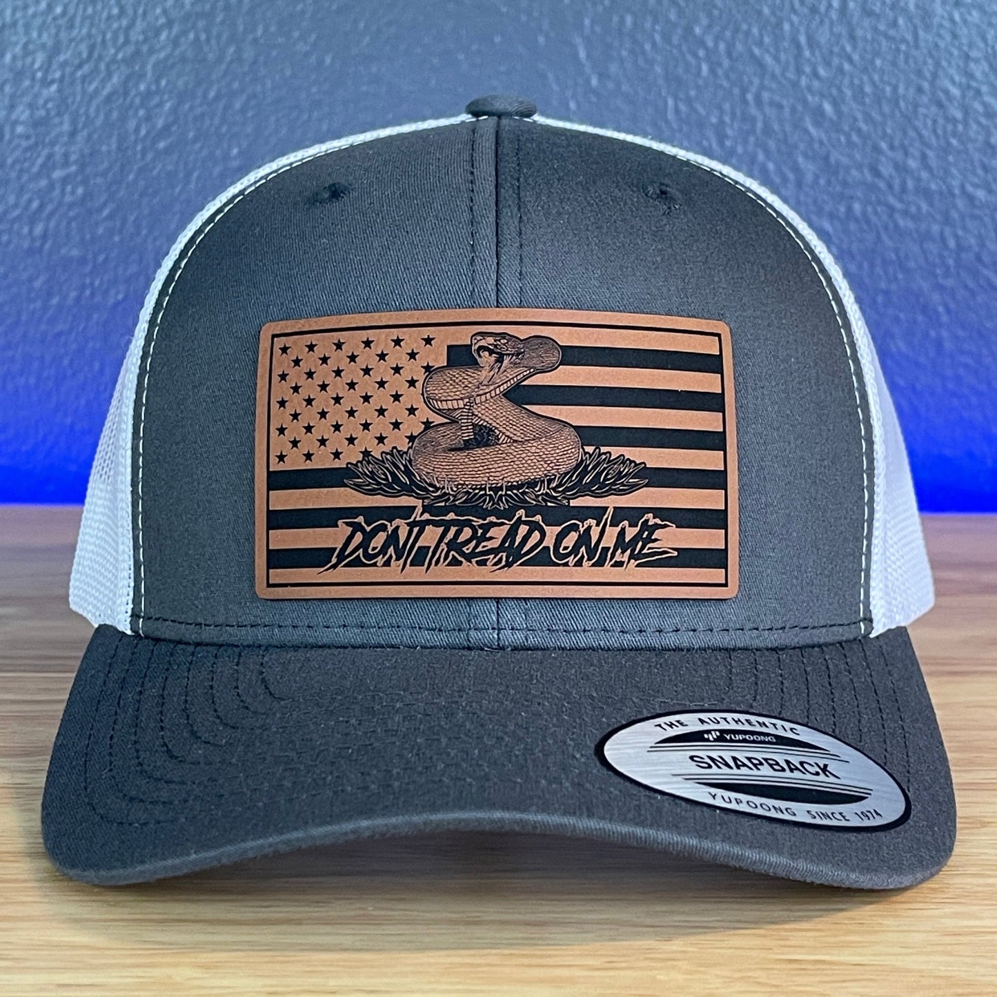 Don't Tread On Me Gadsden American Flag Patriotic SnapBack Trucker Rawhide Leather Patch Hat Charcoal/White - Hollow Point Society - Patch Hat