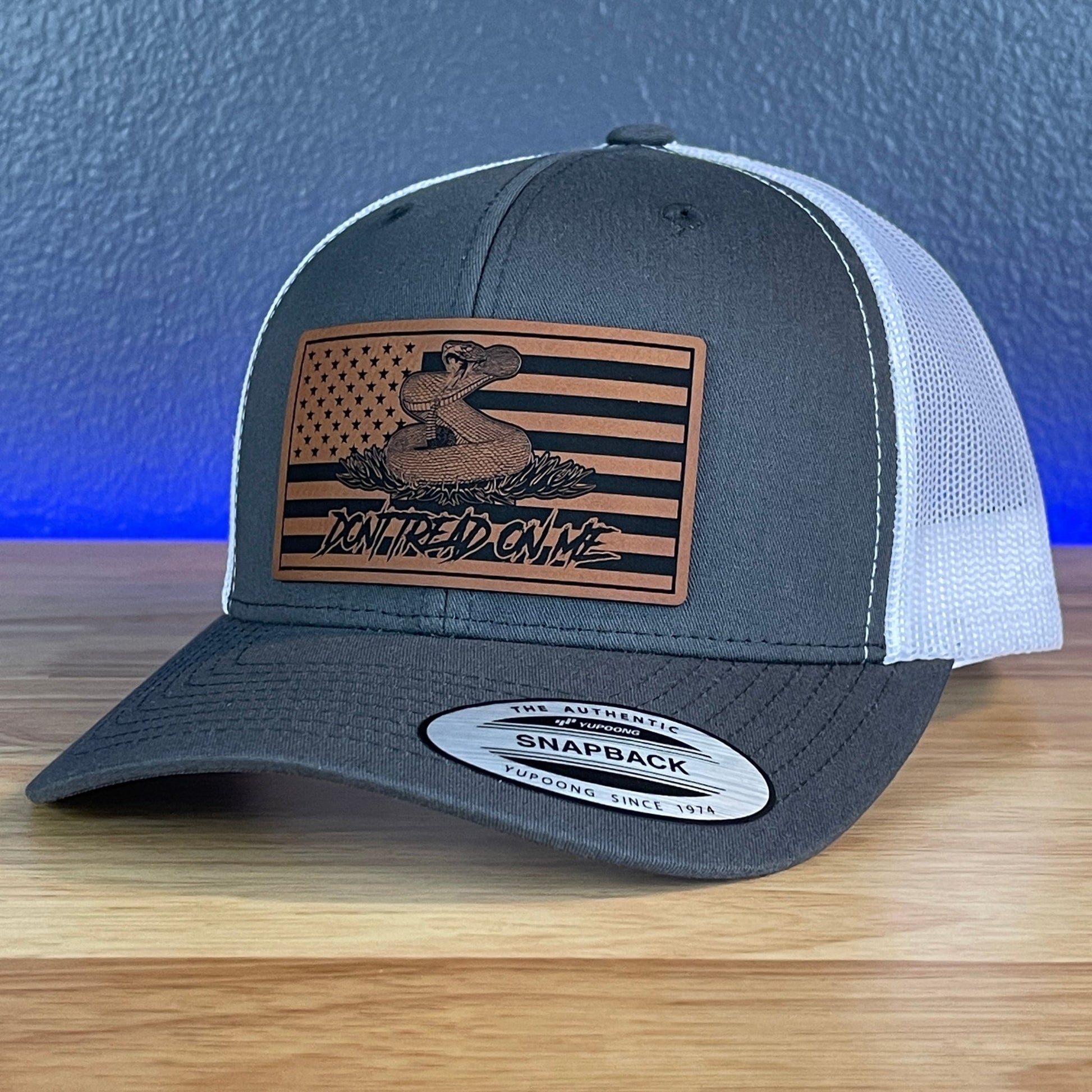 Don't Tread On Me Gadsden American Flag Patriotic SnapBack Trucker Rawhide Leather Patch Hat Charcoal/White - Hollow Point Society - Patch Hat