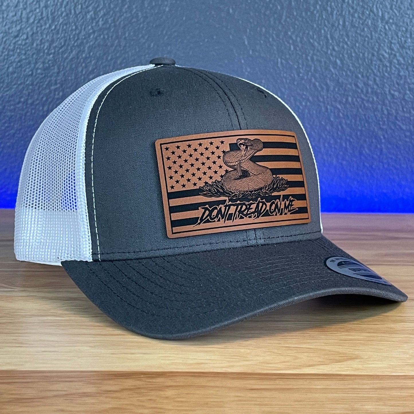 Don't Tread On Me Gadsden American Flag Patriotic SnapBack Trucker Rawhide Leather Patch Hat Charcoal/White - Hollow Point Society - Patch Hat