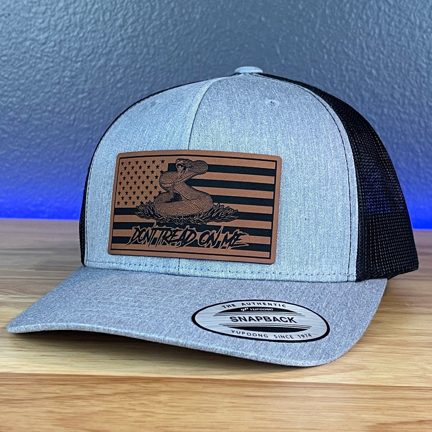 Don't Tread On Me Gadsden American Flag SnapBack Trucker Rawhide Leather Patch Hat Heather Grey/Black - Hollow Point Society - Patch Hat