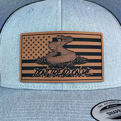 Don't Tread On Me Gadsden American Flag SnapBack Trucker Rawhide Leather Patch Hat Heather Grey/Black - Hollow Point Society - Patch Hat