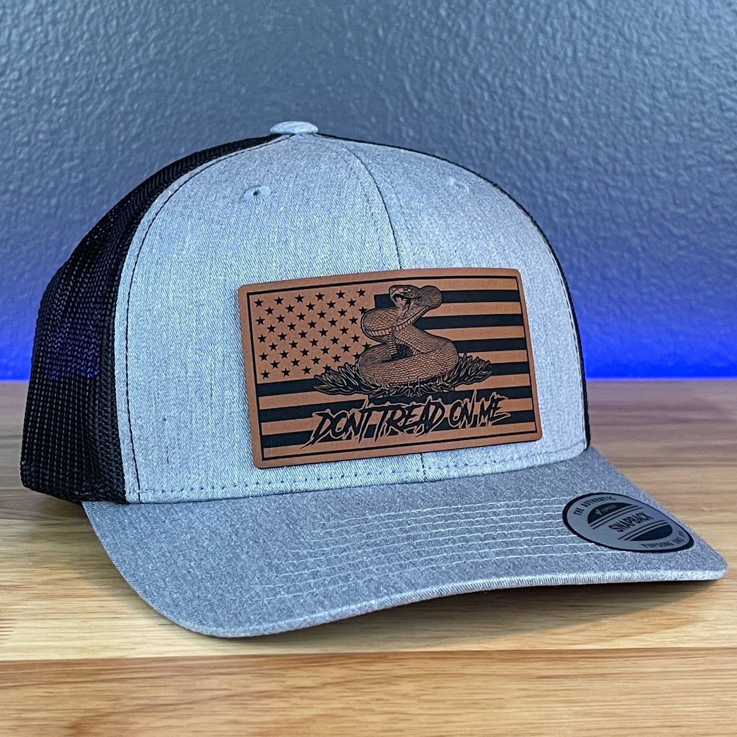 Don't Tread On Me Gadsden American Flag SnapBack Trucker Rawhide Leather Patch Hat Heather Grey/Black - Hollow Point Society - Patch Hat