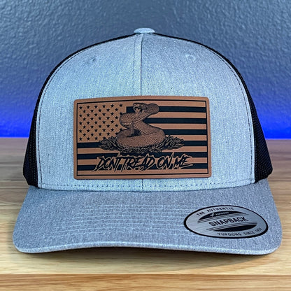 Don't Tread On Me Gadsden American Flag SnapBack Trucker Rawhide Leather Patch Hat Heather Grey/Black - Hollow Point Society - Patch Hat