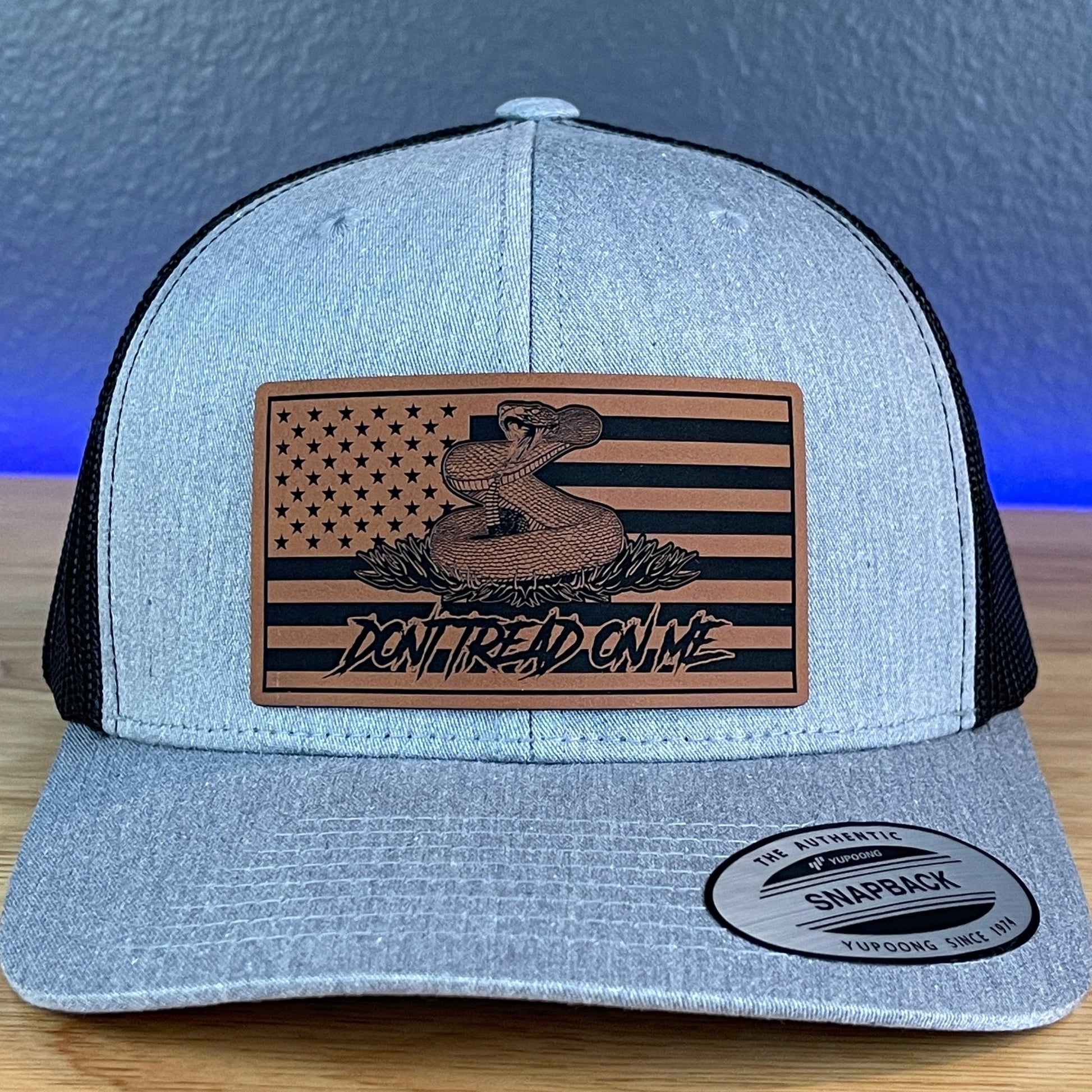 Don't Tread On Me Gadsden American Flag SnapBack Trucker Rawhide Leather Patch Hat Heather Grey/Black - Hollow Point Society - Patch Hat