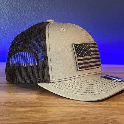 Duck Camo American Flag Patriotic Hunting Leather Patch Hat Khaki/Brown - Hollow Point Society - Patch Hat