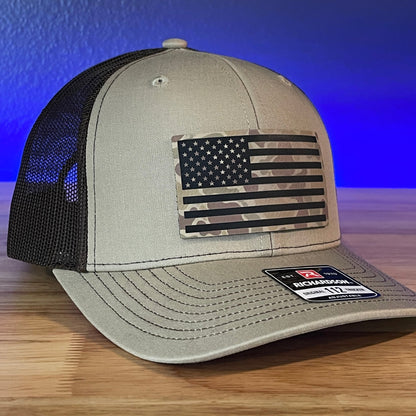 Duck Camo American Flag Patriotic Hunting Leather Patch Hat Khaki/Brown - Hollow Point Society - Patch Hat