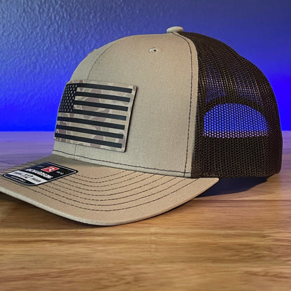 Duck Camo American Flag Patriotic Hunting Leather Patch Hat Khaki/Brown - Hollow Point Society - Patch Hat