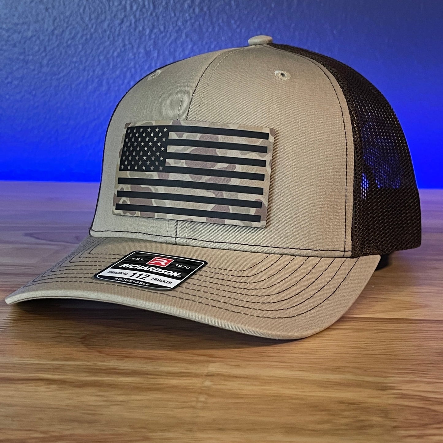 Duck Camo American Flag Patriotic Hunting Leather Patch Hat Khaki/Brown - Hollow Point Society - Patch Hat