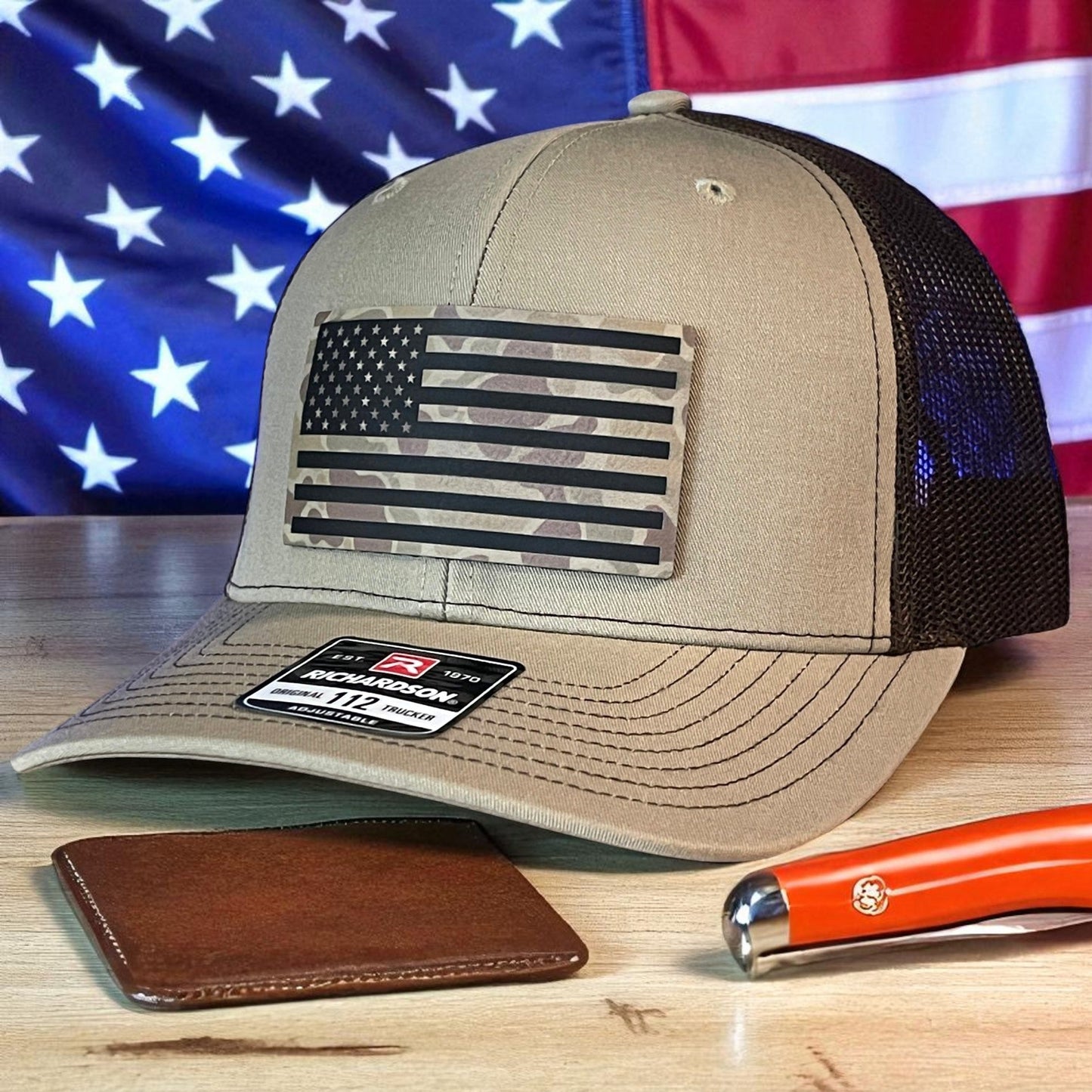 Duck Camo American Flag Patriotic Hunting Leather Patch Hat Khaki/Brown - Hollow Point Society - Patch Hat
