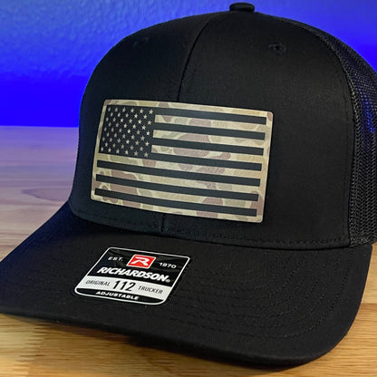 DUCK CAMO AMERICAN FLAG Patriotic Leather Patch Hat Black - Hollow Point Society - Patch Hat