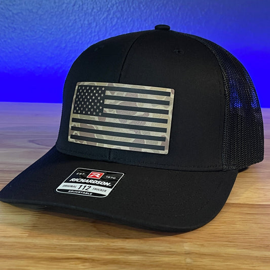 DUCK CAMO AMERICAN FLAG Patriotic Leather Patch Hat Black - Hollow Point Society - Patch Hat