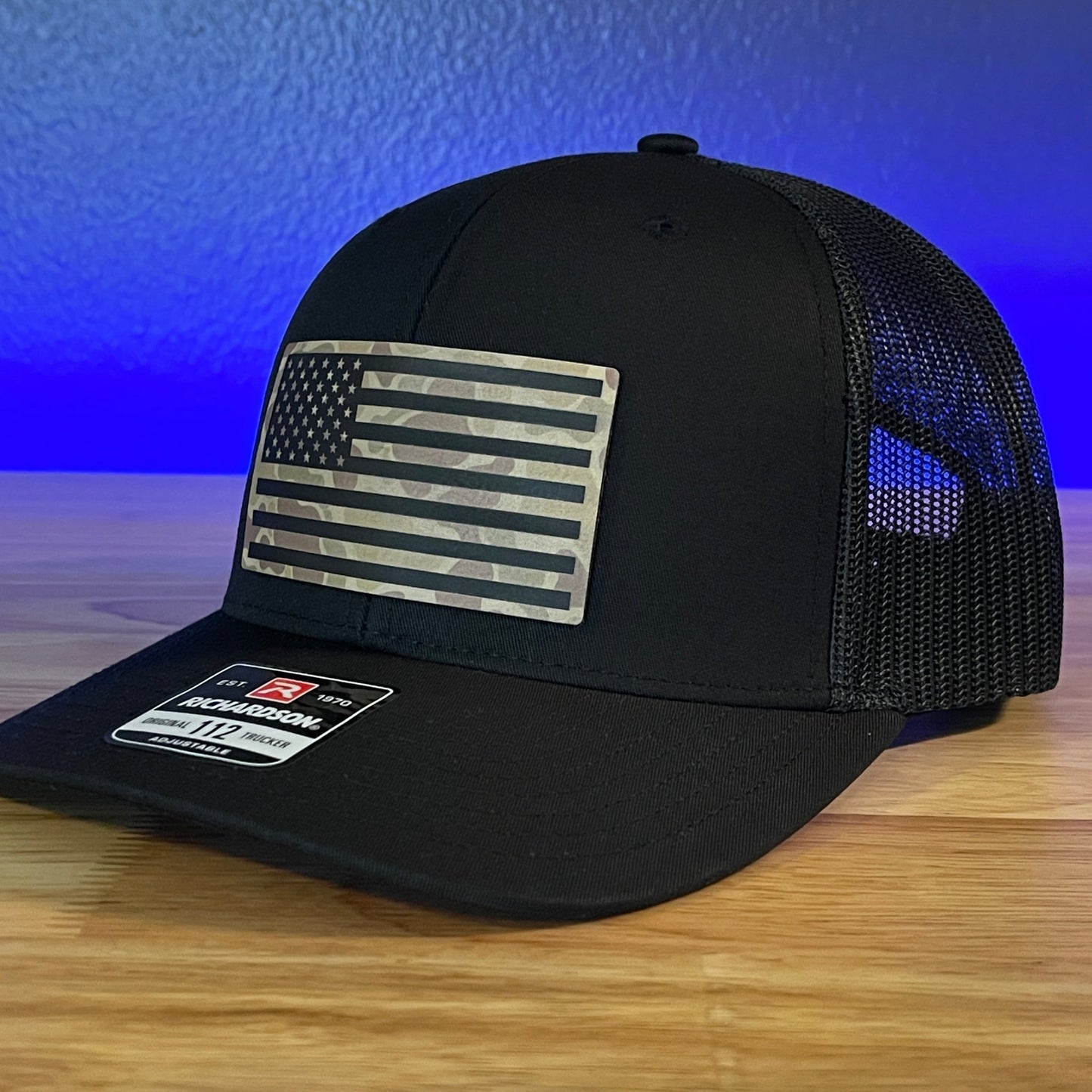 DUCK CAMO AMERICAN FLAG Patriotic Leather Patch Hat Black - Hollow Point Society - Patch Hat