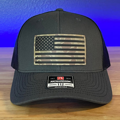 DUCK CAMO AMERICAN FLAG Patriotic Leather Patch Hat Charcoal/Black - Hollow Point Society - Patch Hat