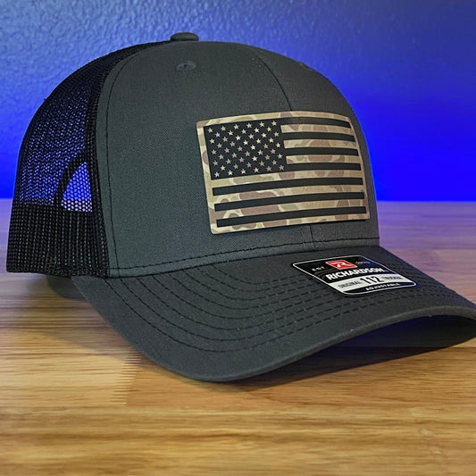 DUCK CAMO AMERICAN FLAG Patriotic Leather Patch Hat Charcoal/Black - Hollow Point Society - Patch Hat