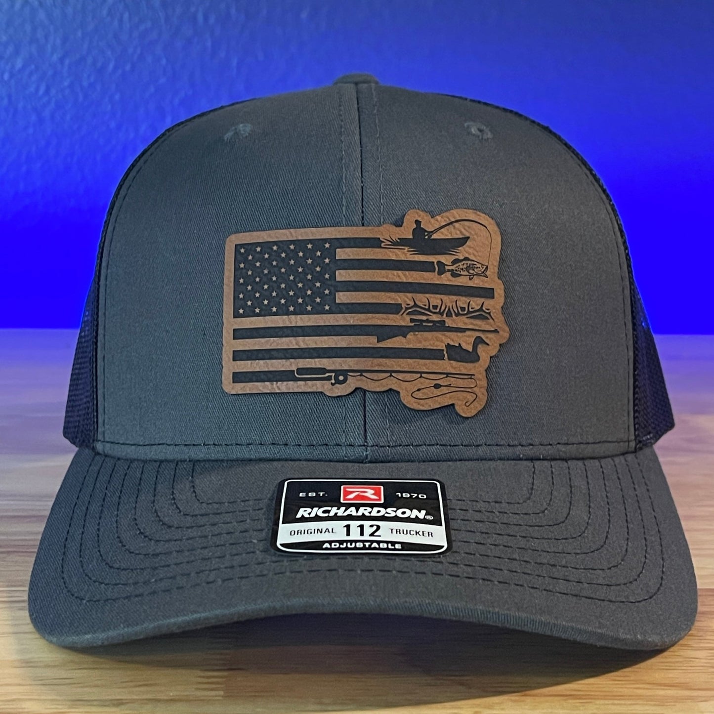 DUCK HUNTING AND FISHING AMERICAN FLAG Patriotic Leather Patch Hat Charcoal/Black - Hollow Point Society - Patch Hat