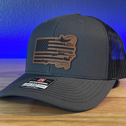 DUCK HUNTING AND FISHING AMERICAN FLAG Patriotic Leather Patch Hat Charcoal/Black - Hollow Point Society - Patch Hat