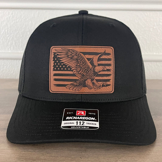 Eagle American Flag Patriotic Leather Patch Hat Black - Hollow Point Society - Patch Hat