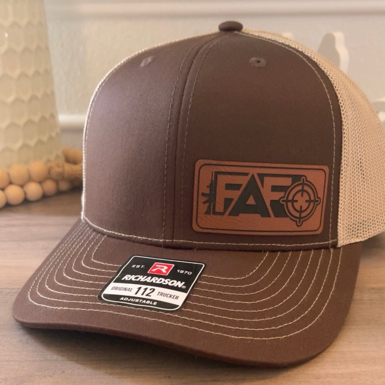 F Around And Find Out FAFO Flag Leather Patch Hat Brown - Hollow Point Society - Patch Hat