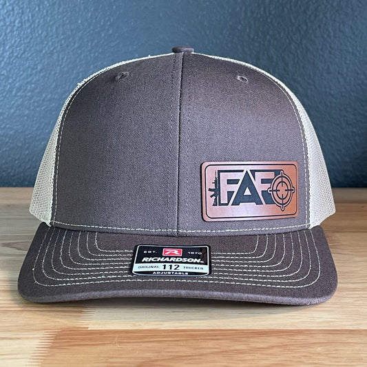 F Around And Find Out FAFO Flag Leather Patch Hat Brown - Hollow Point Society - Patch Hat