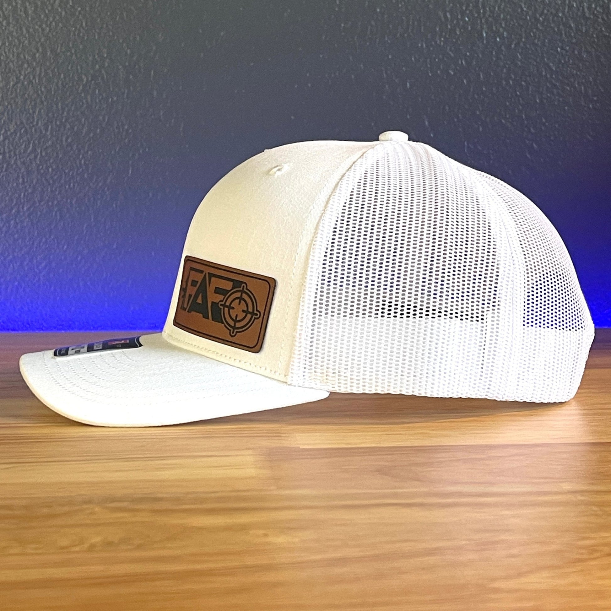 FAFO F AROUND AND FIND OUT Side Leather Patch Trucker Hat White - Hollow Point Society - Patch Hat