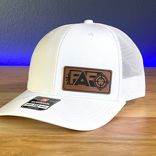 FAFO F AROUND AND FIND OUT Side Leather Patch Trucker Hat White - Hollow Point Society - Patch Hat