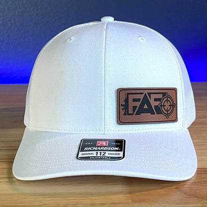 FAFO F AROUND AND FIND OUT Side Leather Patch Trucker Hat White - Hollow Point Society - Patch Hat