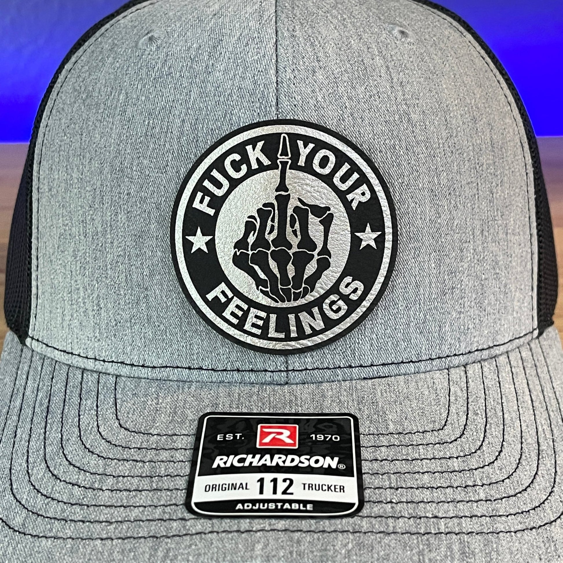 F*CK YOUR FEELINGS SKELETON HAND Leather Patch Hat Blk/Silver - Hollow Point Society - Patch Hat