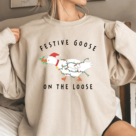 Festive Goose On The Loose Sweater Funny Christmas Sweatshirt - Hollow Point Society - Sweater