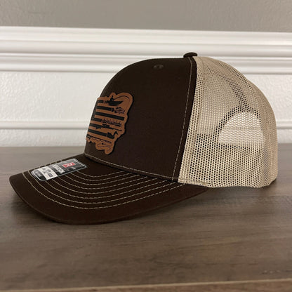 Fishing And Duck Hunting American Flag Leather Patch Hat Brown - Hollow Point Society - Patch Hat