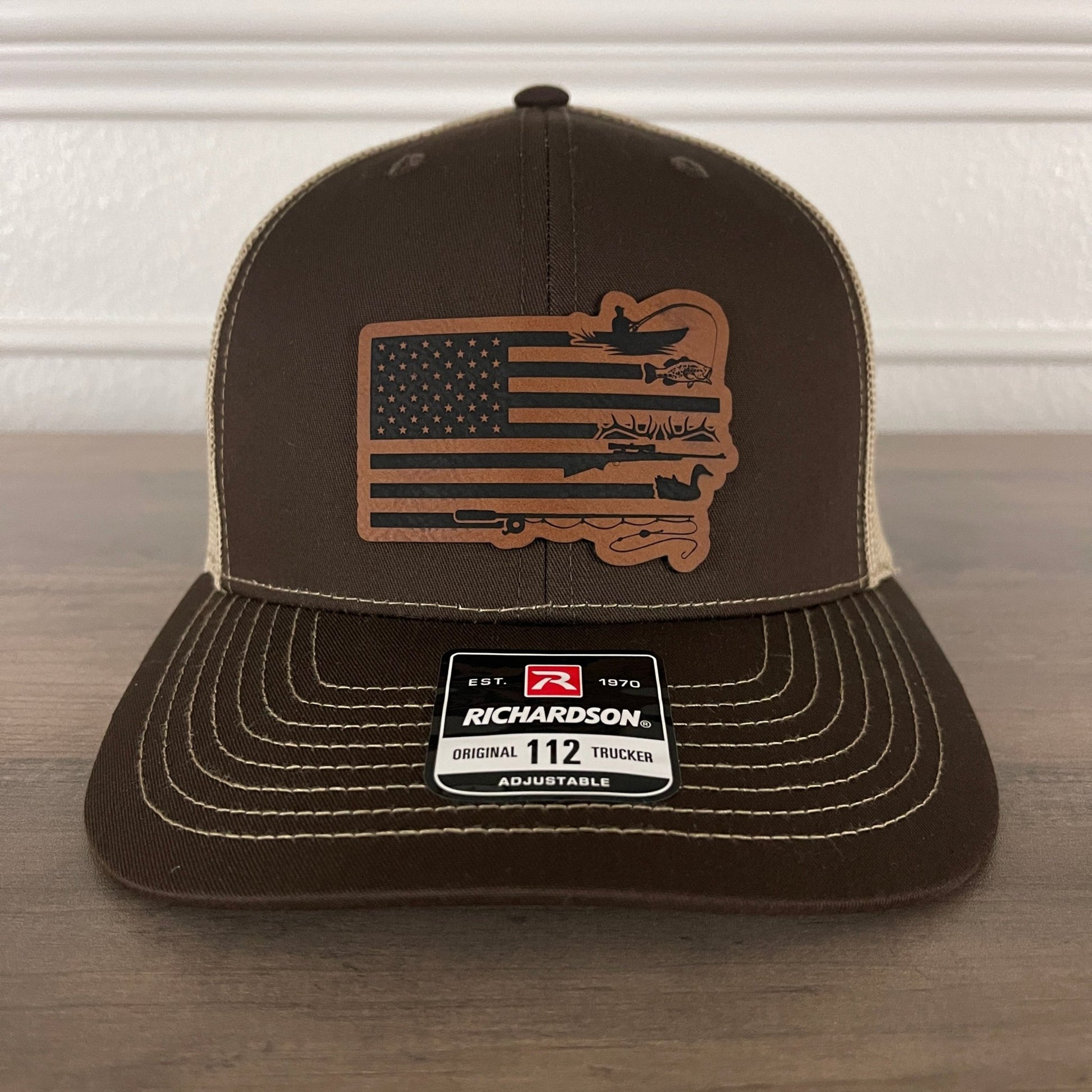 Fishing And Duck Hunting American Flag Leather Patch Hat Brown - Hollow Point Society - Patch Hat