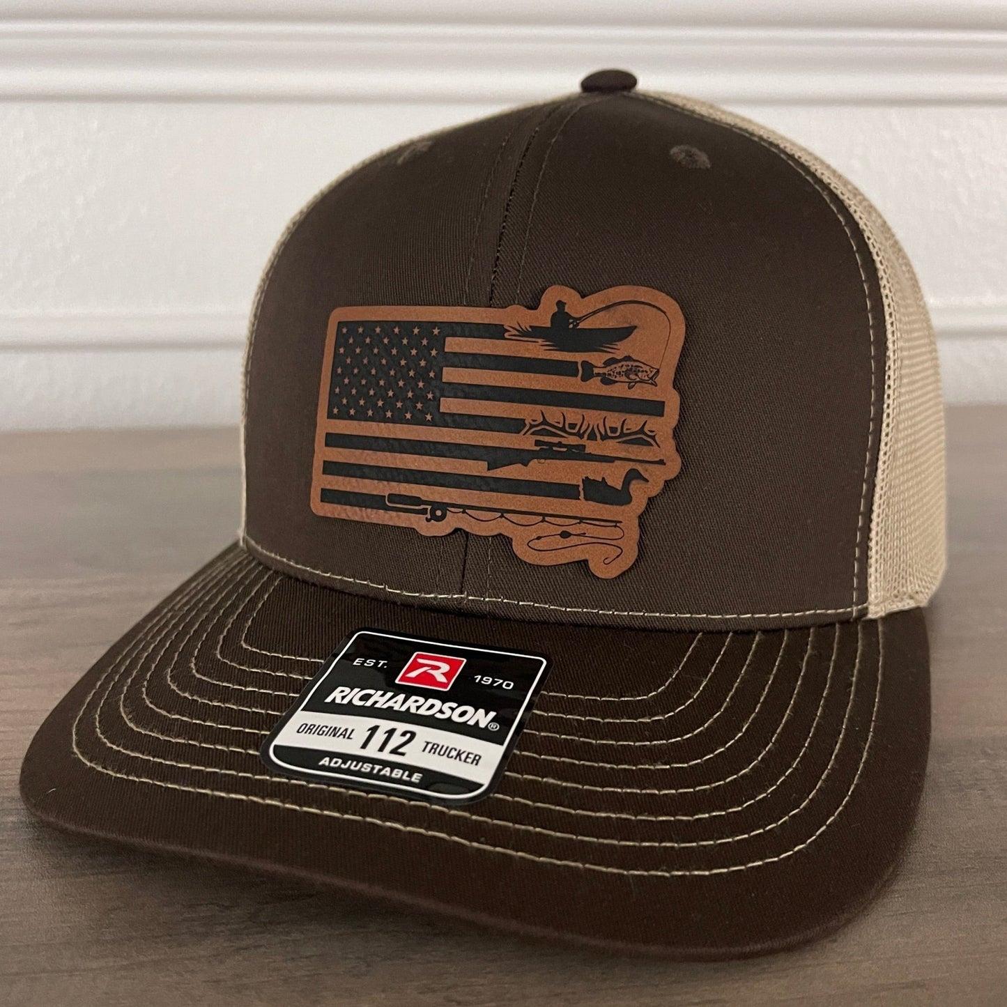 Fishing And Duck Hunting American Flag Leather Patch Hat Brown - Hollow Point Society - Patch Hat